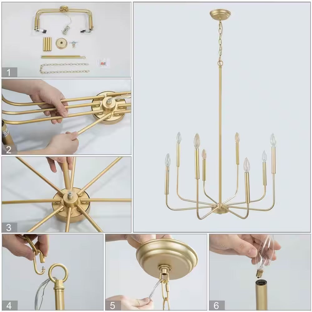 LALUZ Linear Gold Staggered Candlestick Island Chandelier, 8-Light Vintage Hanging Pendant Lamp for Kitchen Dining Living Room