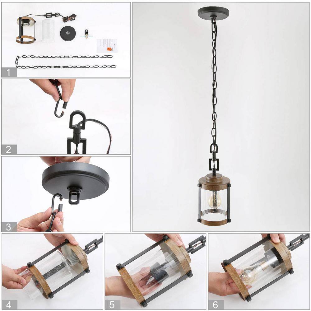 LNC Corta 1-Light Black Modern Farmhouse Hanging Pendant Island Ceiling Light with Cylinder Seeded Glass Faux Wood Accent