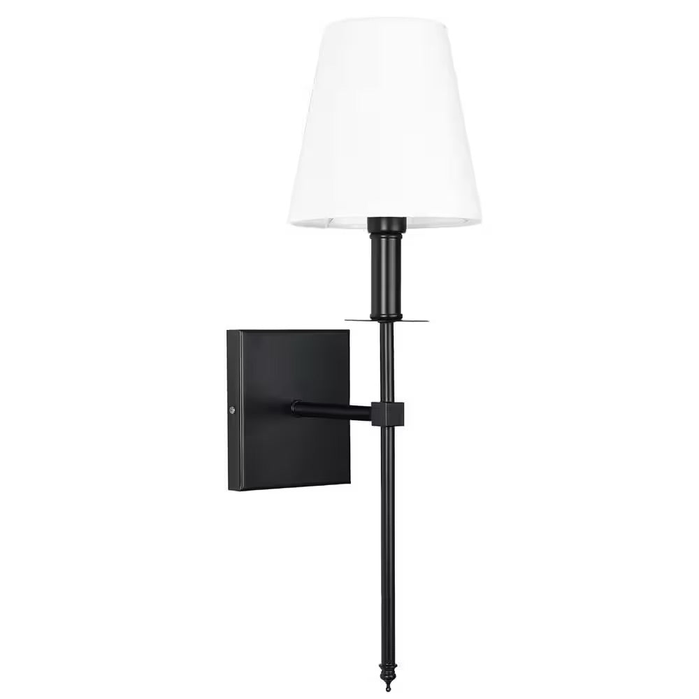 LamQee 1-Light Matte Black Wall Sconce with White Fabric Shade