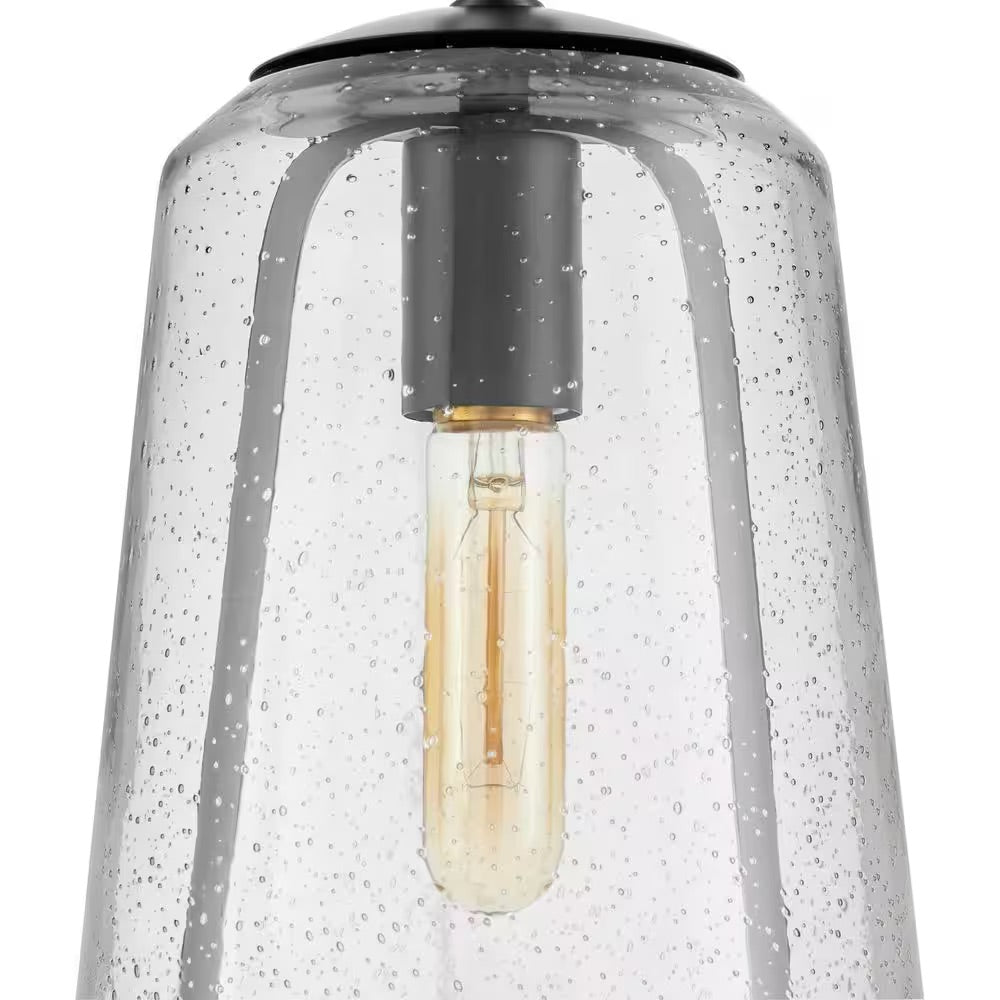 Home Decorators Collection Desmond 7 in. 1-Light Modern Black Hanging Mini Pendant Light with Smoke Seeded Glass Shade