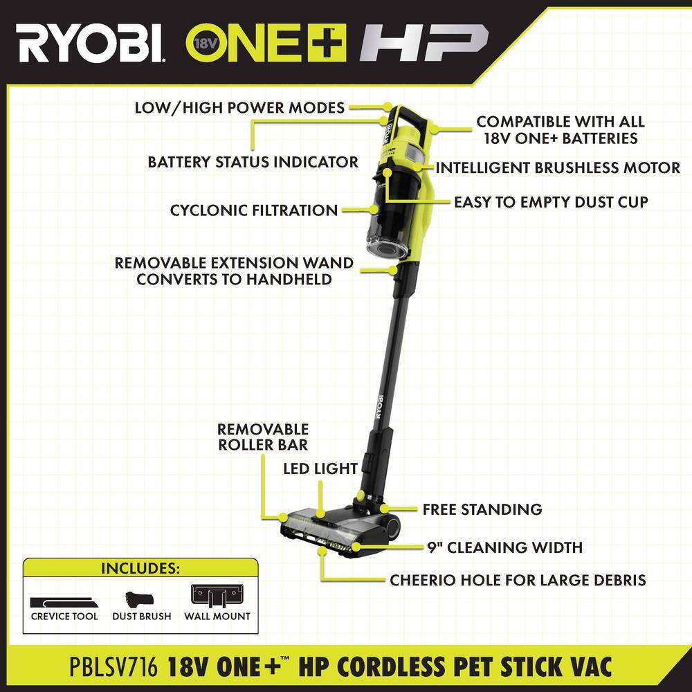 RYOBI ONE+ HP 18V Brushless Cordless Pet Stick Vacuum Cleaner Kit w/ Battery, Charger, & ONE+ Cordless SWIFTClean Spot Cleaner