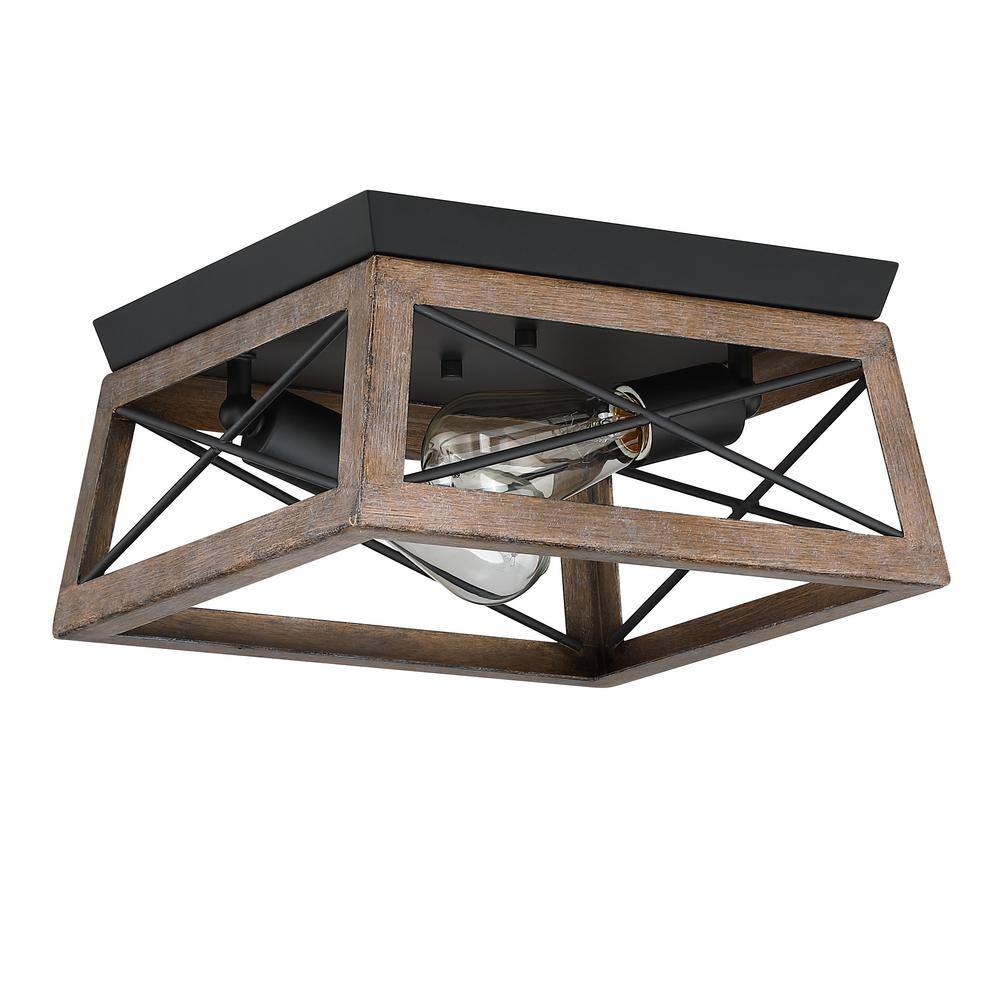Hukoro Mousse 12 in. W 2-Light Flush Mount with Matte Black Finish and Bronze Wood Accents
