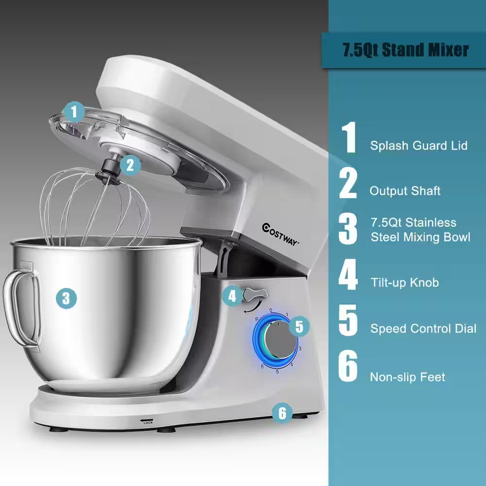 Costway 660W 7.5 qt. . 6-Speed Silver Stainless Steel Stand Mixer with Dough Hook Beater