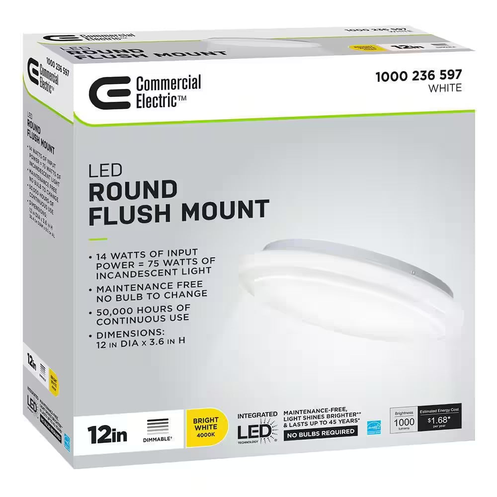 Hampton Bay 12 in. Round LED Flush Mount Light Pantry Laundry Closet Light 1000 Lumens Dimmable 4000K Bright White