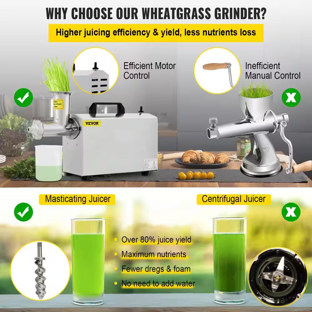 VEVOR Commercial Wheatgrass Juicing Machine 80% Juice Yield Stainless Steel Portable Cold Press with 100-Watt 75RPM Motor