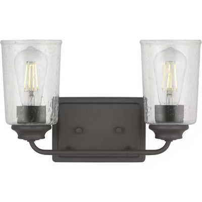 Hampton Bay Evangeline 13.625 in. 2-Light Modern Bronze Farmhouse Bathroom Vanity Light with Clear Seeded Glass Shades