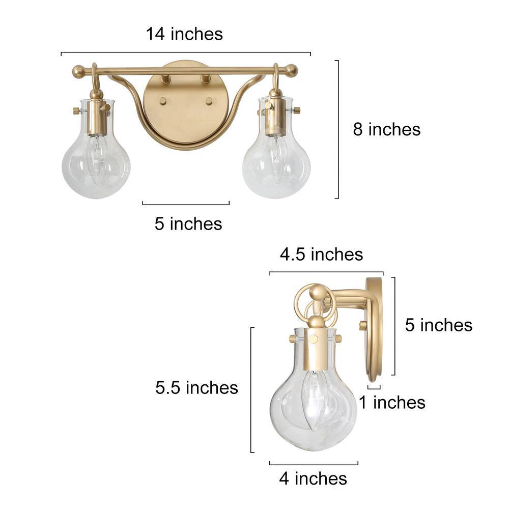 LNC Modern Gold Vanity Light 14 in. 2-Light Globe Bathroom Wall Sconce Industrial Brass Wall Light with Clear Glass Shades