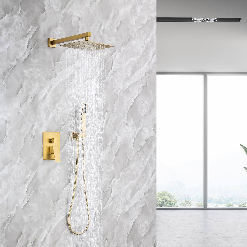 rainlex 10 in. Shower Head Single-Handle 1-Spray Square High Pressure Shower Faucet in Gold Color (Valve Included)
