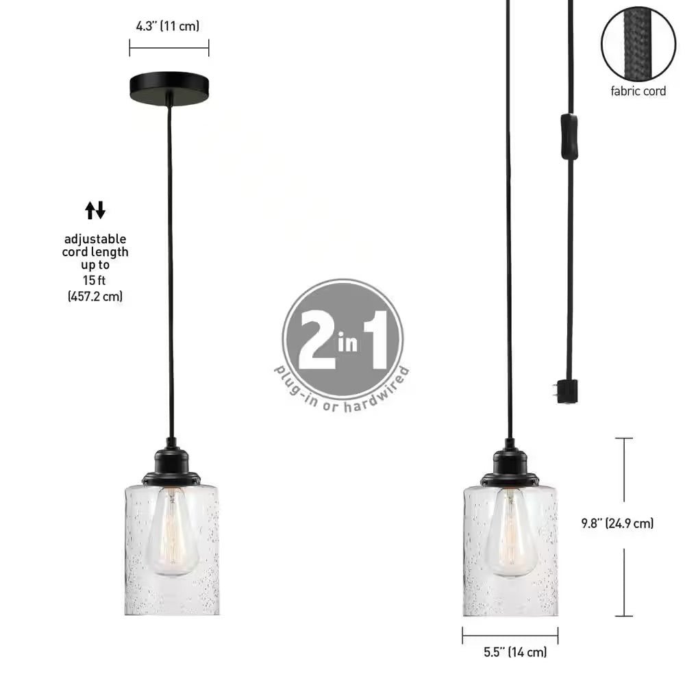 Globe Electric Annecy 1-Light Plug-In or Hardwire Dark Bronze Pendant Light with Seeded Glass Shade