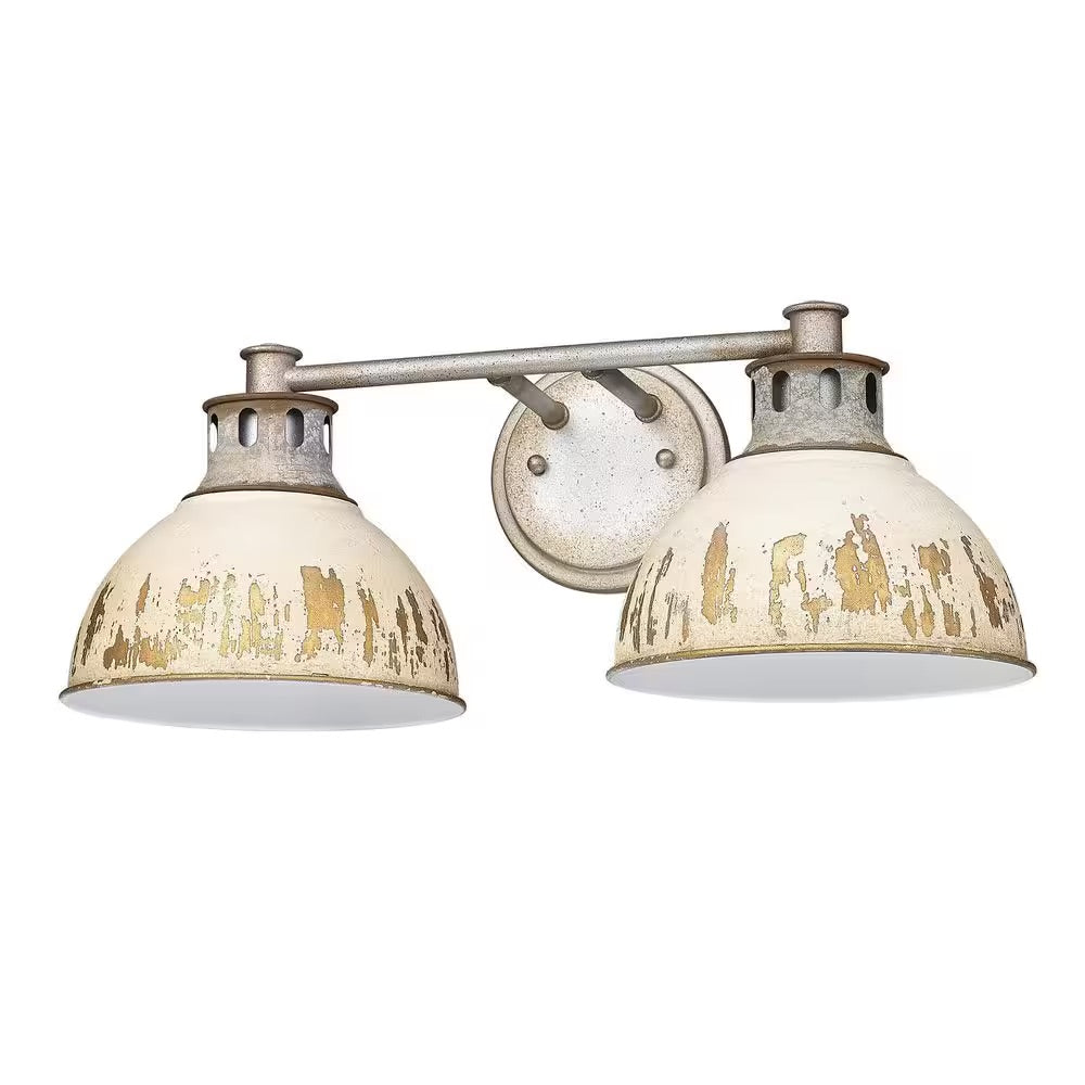 Golden Lighting Kinsley 19.25 in. 2-Light Aged Galvanized Steel Vanity Light with Antique Ivory Shades