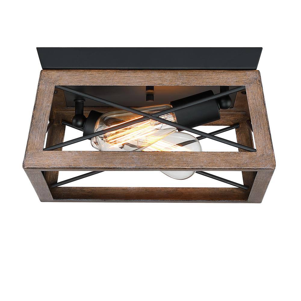 Hukoro Mousse 12 in. W 2-Light Flush Mount with Matte Black Finish and Bronze Wood Accents