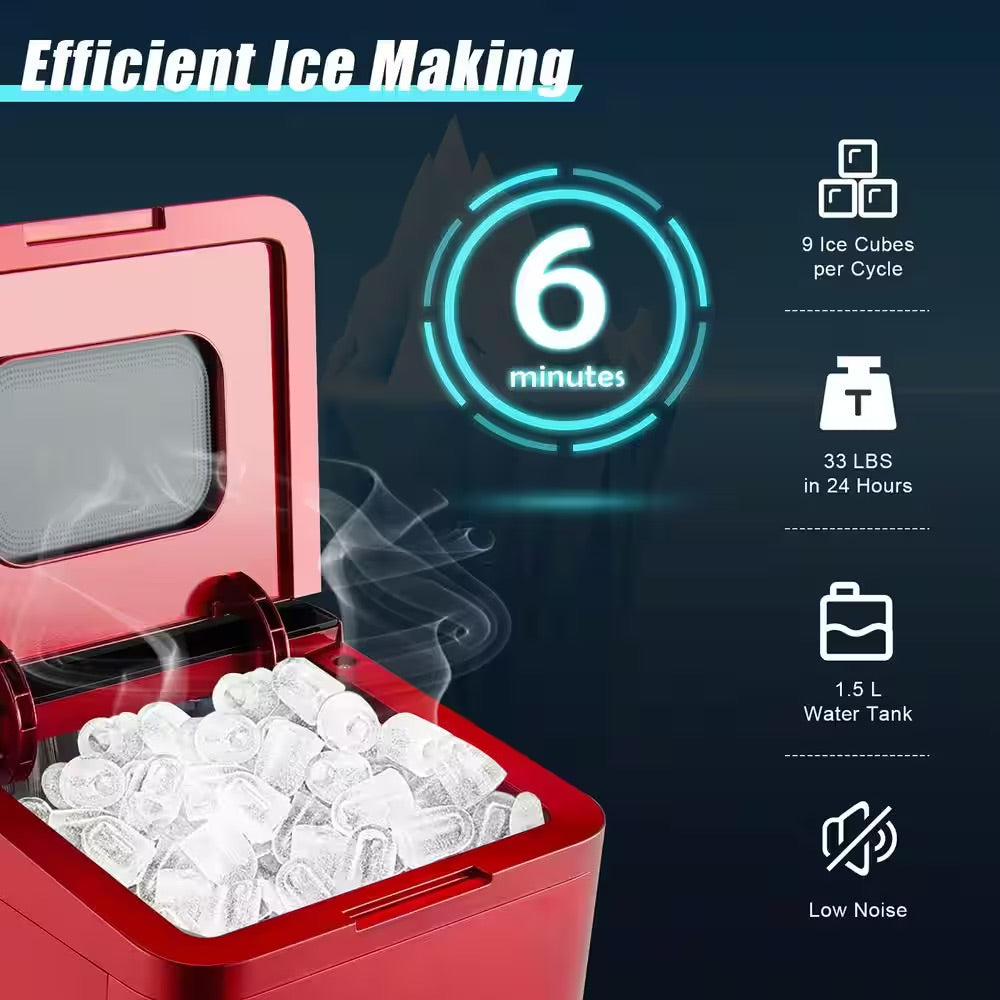 Costway 9 in. 33 lbs./24H Portable Ice Maker Machine Countertop Ice Cube Maker with Scoop and Basket Red