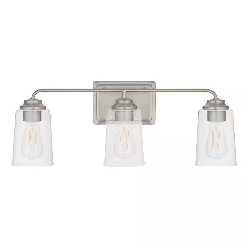 Hampton Bay Evangeline 23 in. 3-Light Brushed Nickel Farmhouse Bathroom Vanity Light with Clear Seeded Glass Shades