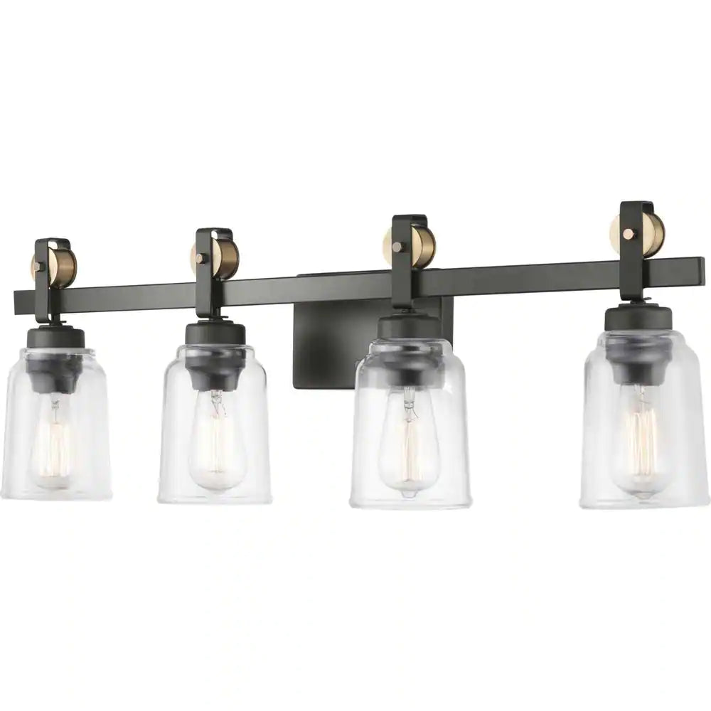 Home Decorators Collection Knollwood 31-3/4 in. 4-Light Antique Bronze Industrial Vanity Light with Vintage Brass Accents and Clear Glass Shades