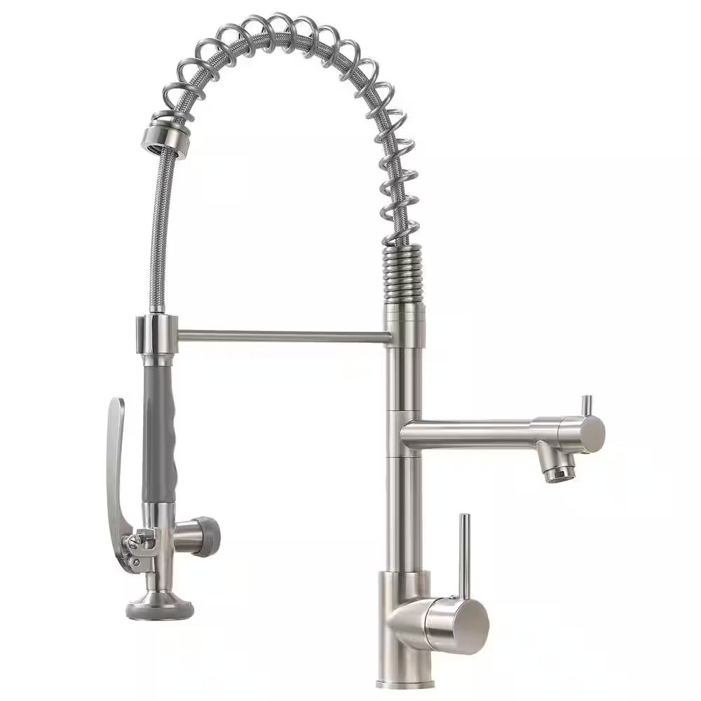 Fapully Spring Single-Handle Pull Down Sprayer Kitchen Faucet, Commercial High Goosenck Kitchen Sink Faucet in Brushed Nickel