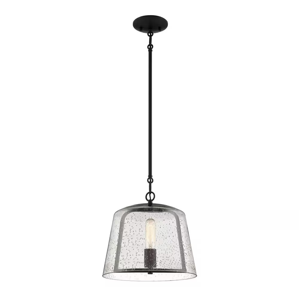 Home Decorators Collection Desmond 12 in. 1-Light Modern Black Hanging Pendant Light with Smoke Seeded Glass Shade