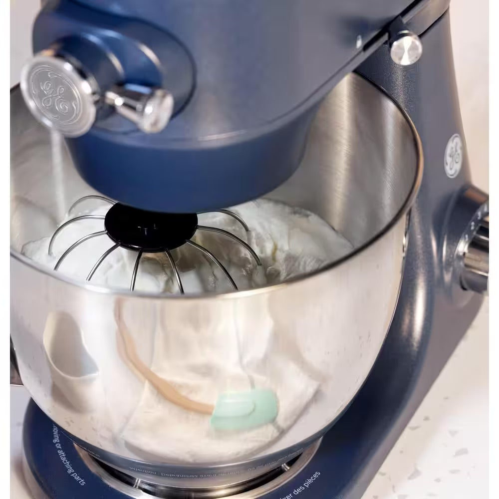 GE 5.3 Qt. 7-Speed Sapphire Blue Stand Mixer with Coated Flat Beater, Coated Dough Hook, Wire Whisk, and Pouring Shield