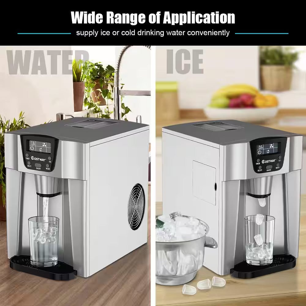 Costway 10 in. 36 lbs/24-Hours Portable 2-in-1 Ice Maker Water Dispenser LCD Display in Silver