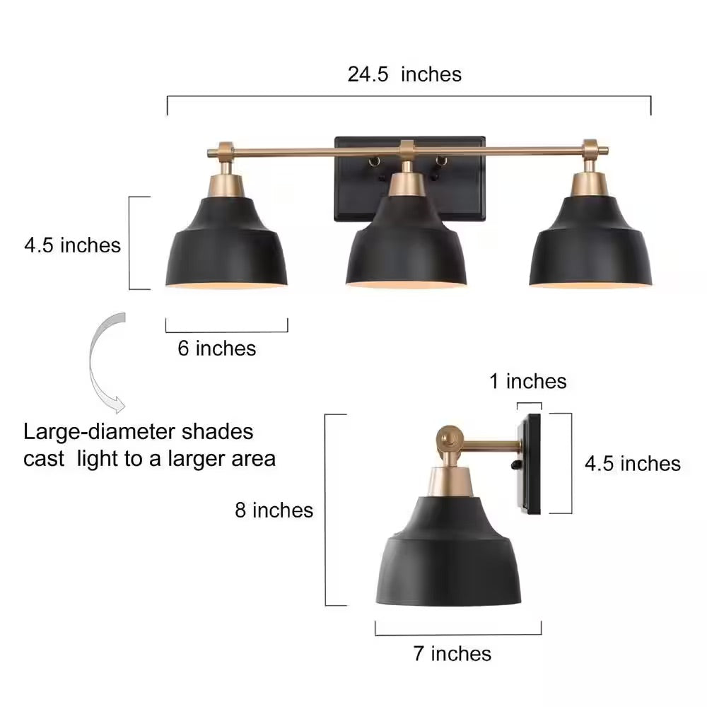 LNC Modern Black Bathroom Vanity Light with Gold Arm, 24.5 in. 3-Light Metal Bell Bath Wall Sconce for Arched/Round Mirror