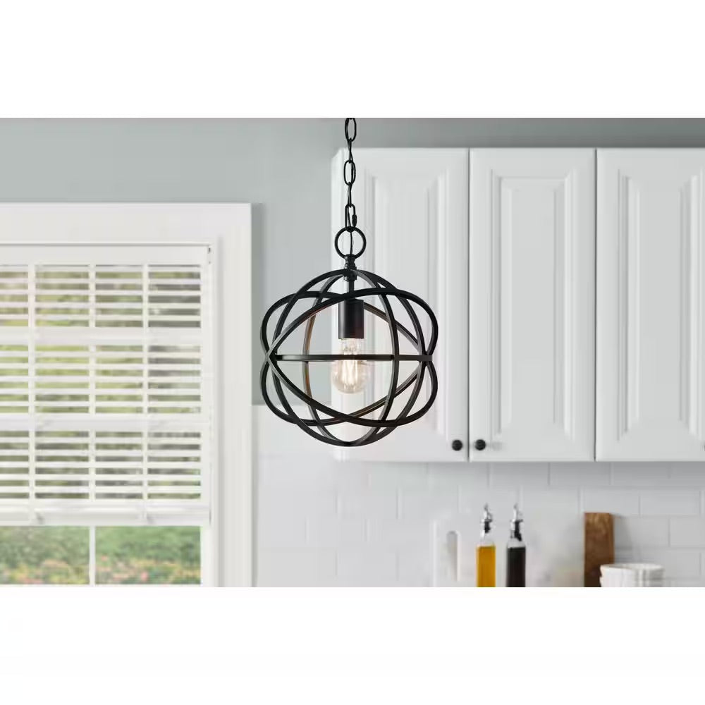 Home Decorators Collection Sarolta Sands 1-Light Black Orb Cage Pendant Light with Metal Shade