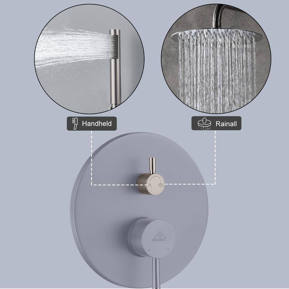 CASAINC 1-Spray Patterns Round 2-Functions 10 in. Wall Mount Dual Shower Heads with Handheld in Brushed Nickel