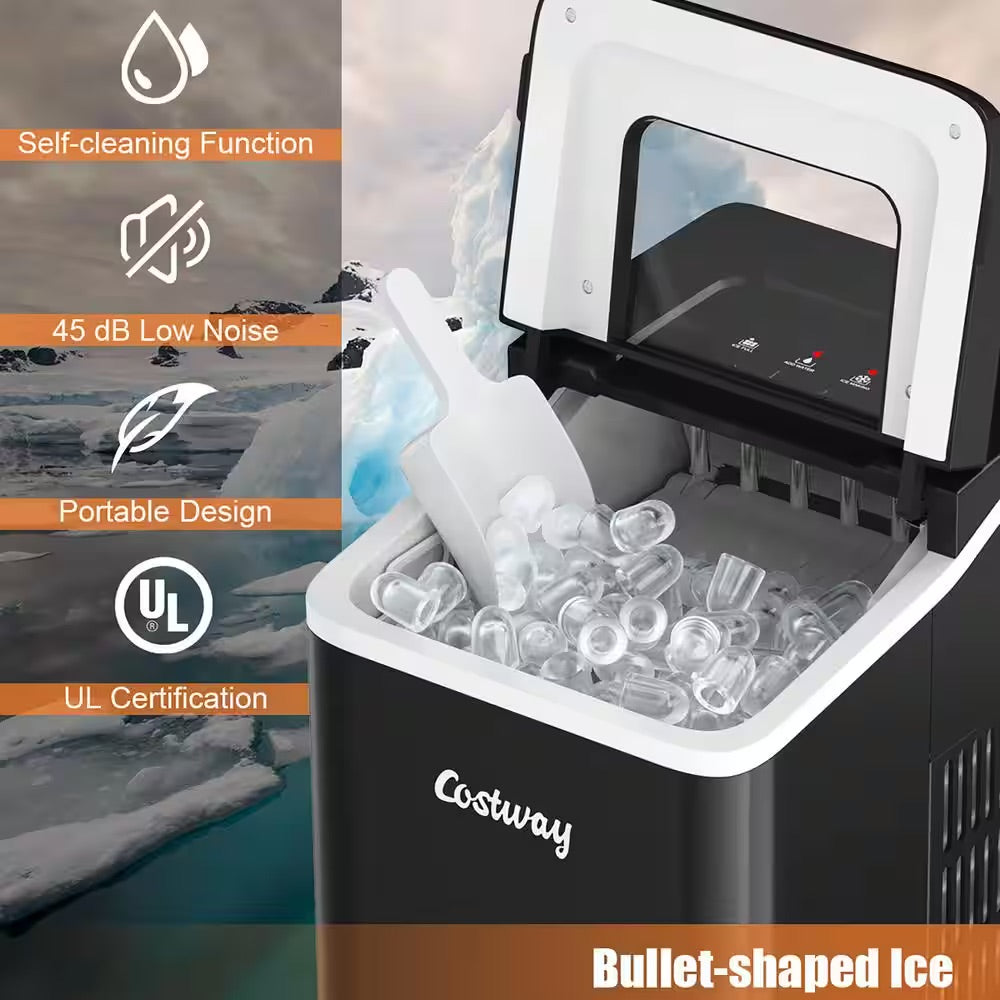 Costway 9 in. W 26 lbs./24-Hour Countertop Portable Ice Maker Self-cleaning wit-Hour Scoop in Black