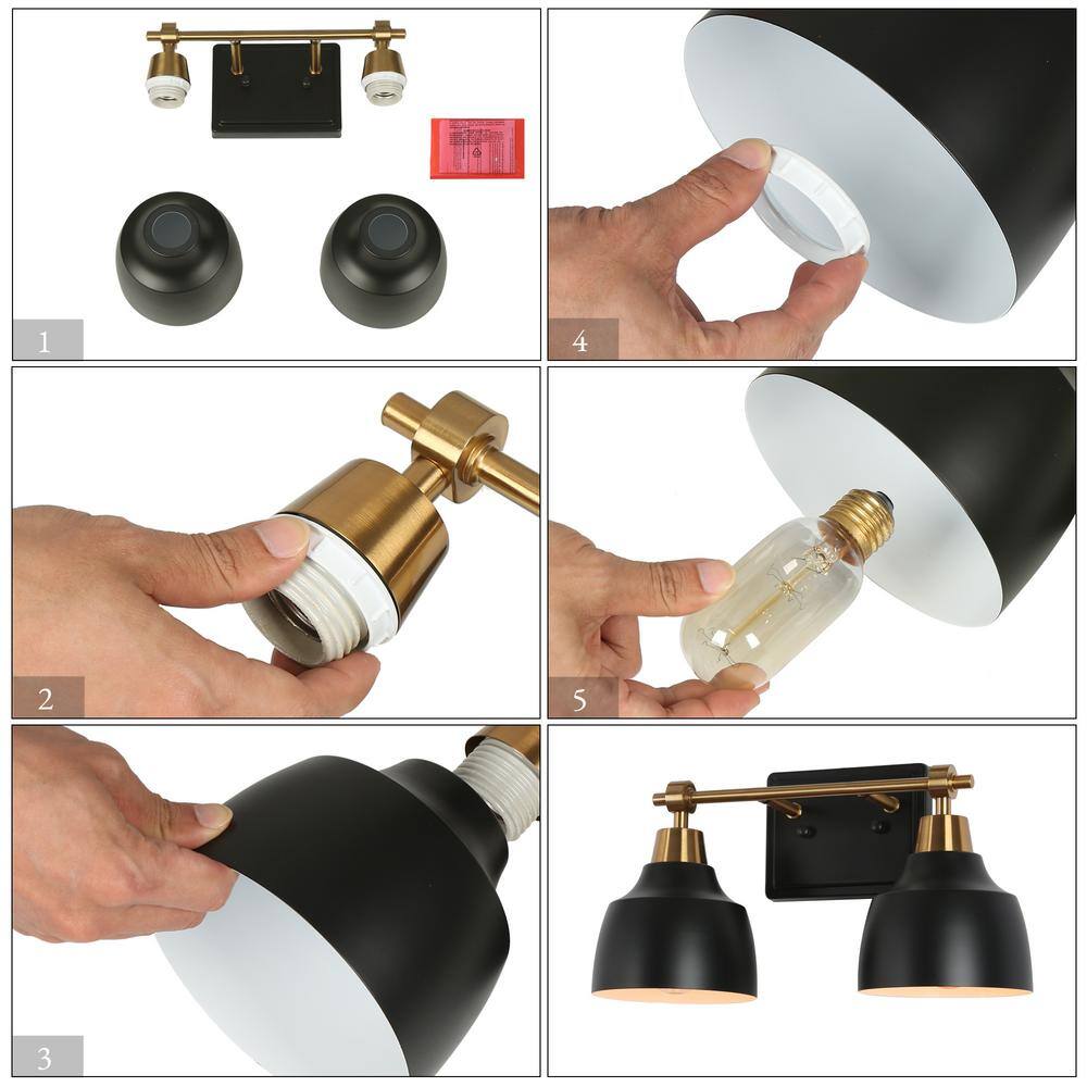 LNC Modern 14.5 in. 2-Light Black Vanity Light with Brass Plated Metal Arm and Bell Shades for Bathroom Round/Arched Mirror
