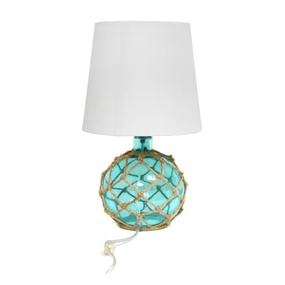 Elegant Designs 15.25 in. 1-Light Aqua Buoy Rope Nautical Netted Coastal Ocean Sea Glass Table Lamp with White Fabric Shade