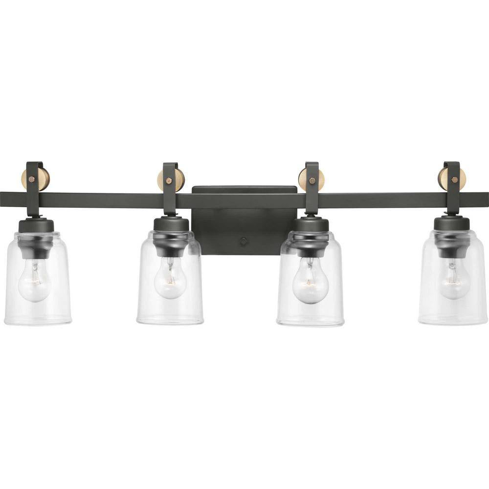 Home Decorators Collection Knollwood 31-3/4 in. 4-Light Antique Bronze Industrial Vanity Light with Vintage Brass Accents and Clear Glass Shades