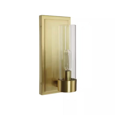 Home Decorators Collection Closmere 5 in. 1-Light Brushed Gold Mid-Century Modern Wall Mount Sconce Light with Clear Glass Shade