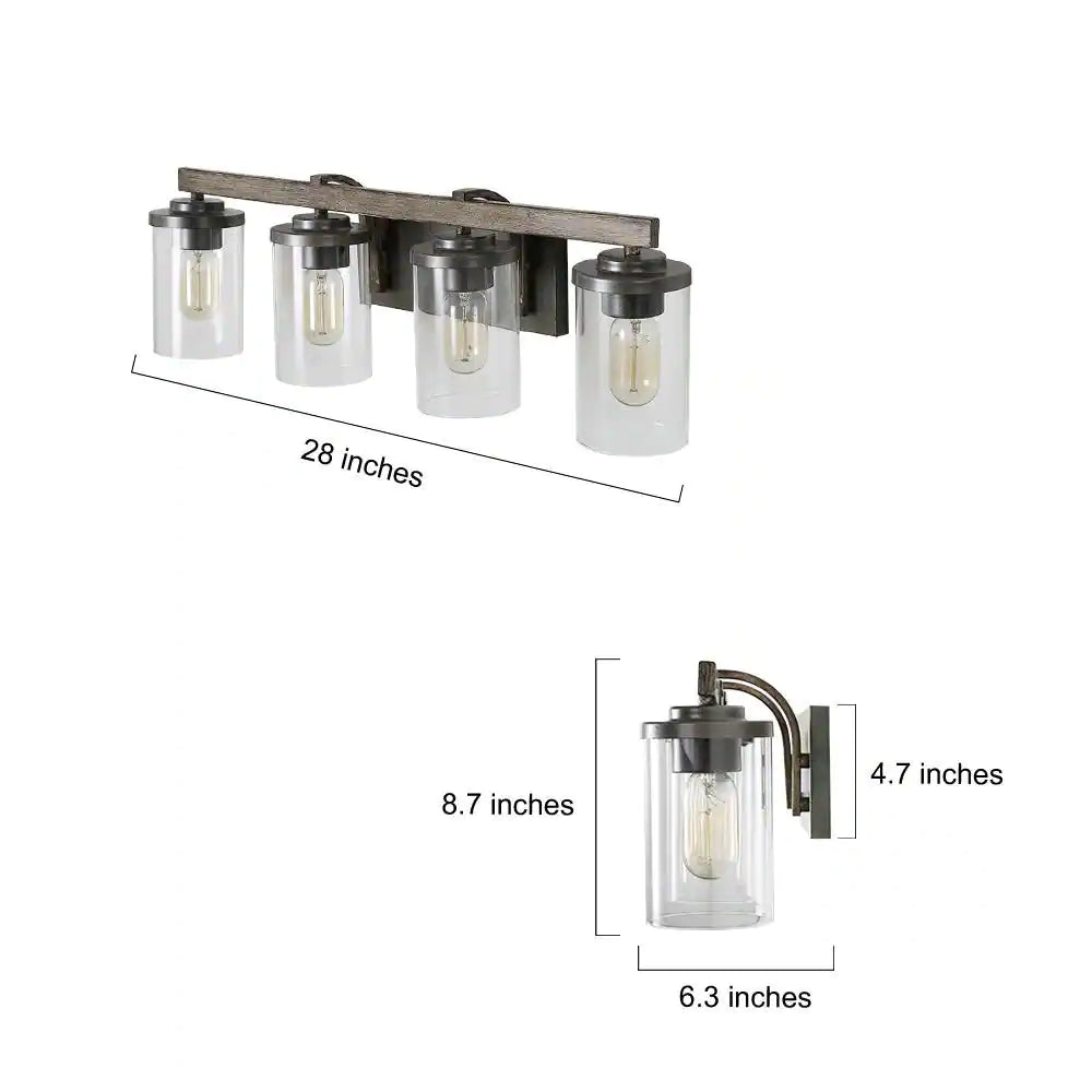 LNC Birdwood 28 in. 4-Light Rust Gray Industrial Bathroom Vanity Light with Brushed Bronze Accents and Clear Glass Shades
