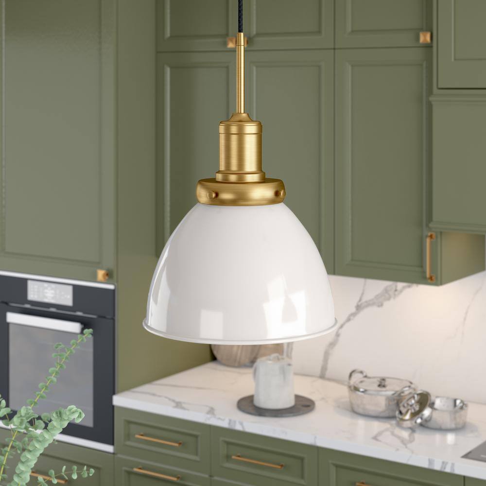 Meyer&Cross Madison 1-Light Pearled White and Brass Pendant with Metal Shade