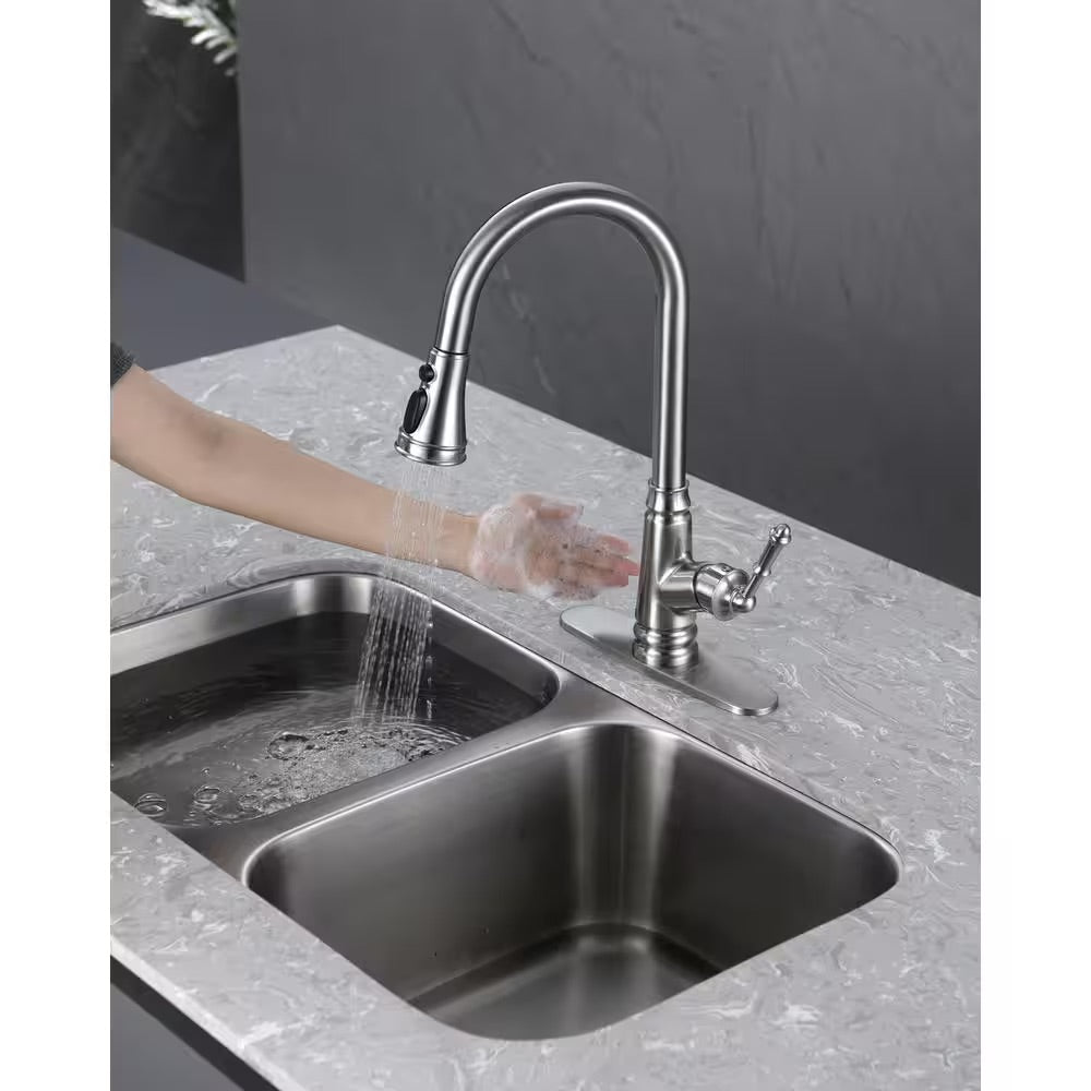 ELLO&ALLO Touchless Single Handle Deck Mount Gooseneck Pull Down Sprayer Kitchen Faucet with Deckplate in Brushed Nickel