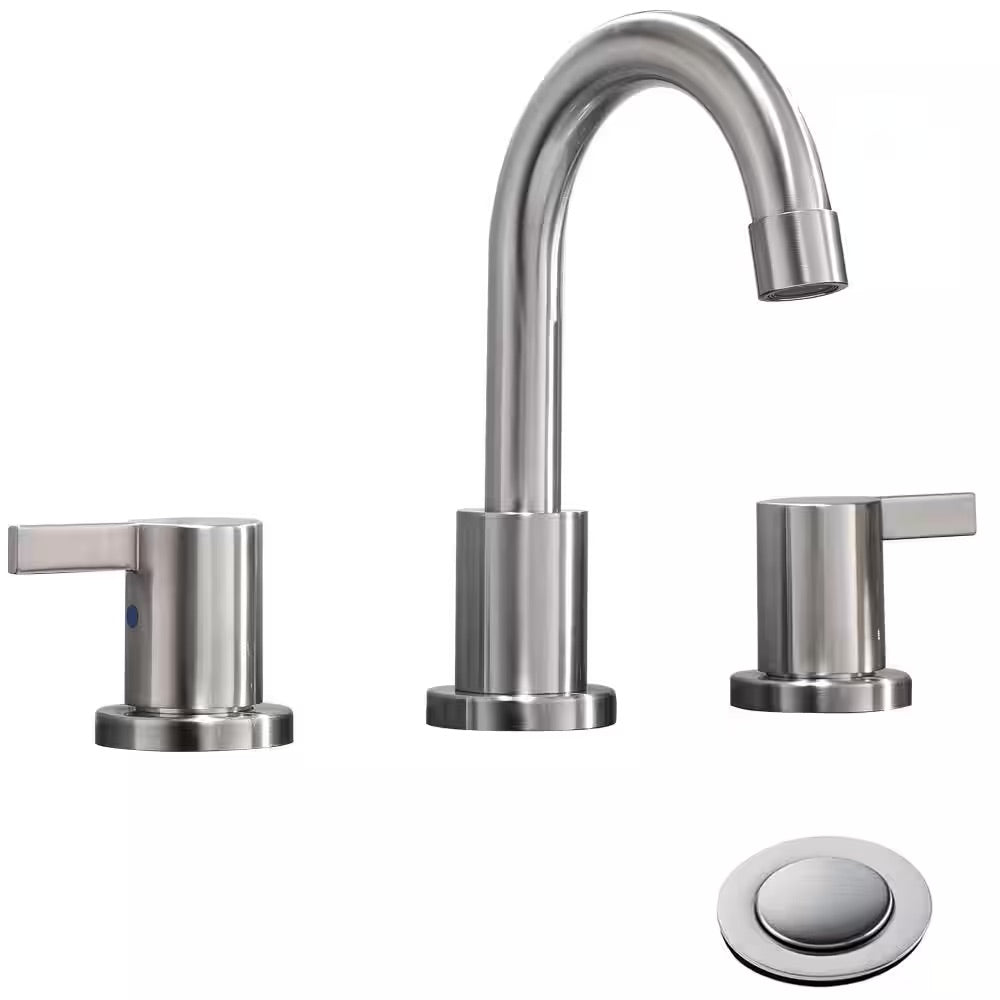 Phiestina 8 in. Widespread 2-Handle 3-Hole Bathroom Faucet with Metal Pop-Up Drain in Brushed Nickel