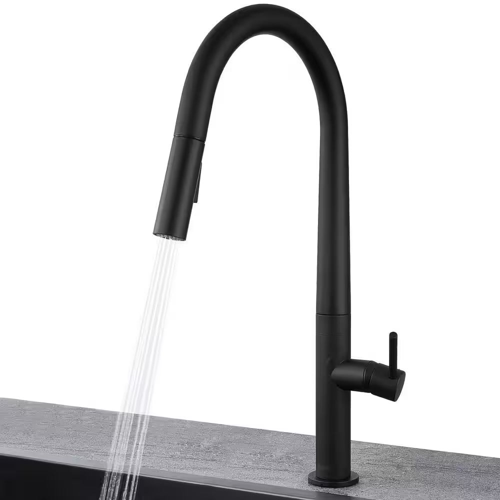 AKDY Easy-Install Single-Handle Deck Mount Gooseneck Pull-Down Sprayer Kitchen Faucet with Flexible Hose in Matte Black