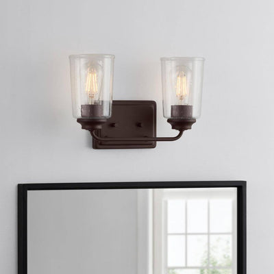 Hampton Bay Evangeline 13.625 in. 2-Light Modern Bronze Farmhouse Bathroom Vanity Light with Clear Seeded Glass Shades