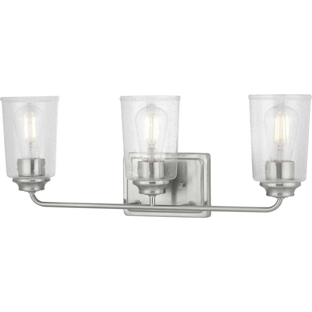Hampton Bay Evangeline 23 in. 3-Light Brushed Nickel Farmhouse Bathroom Vanity Light with Clear Seeded Glass Shades