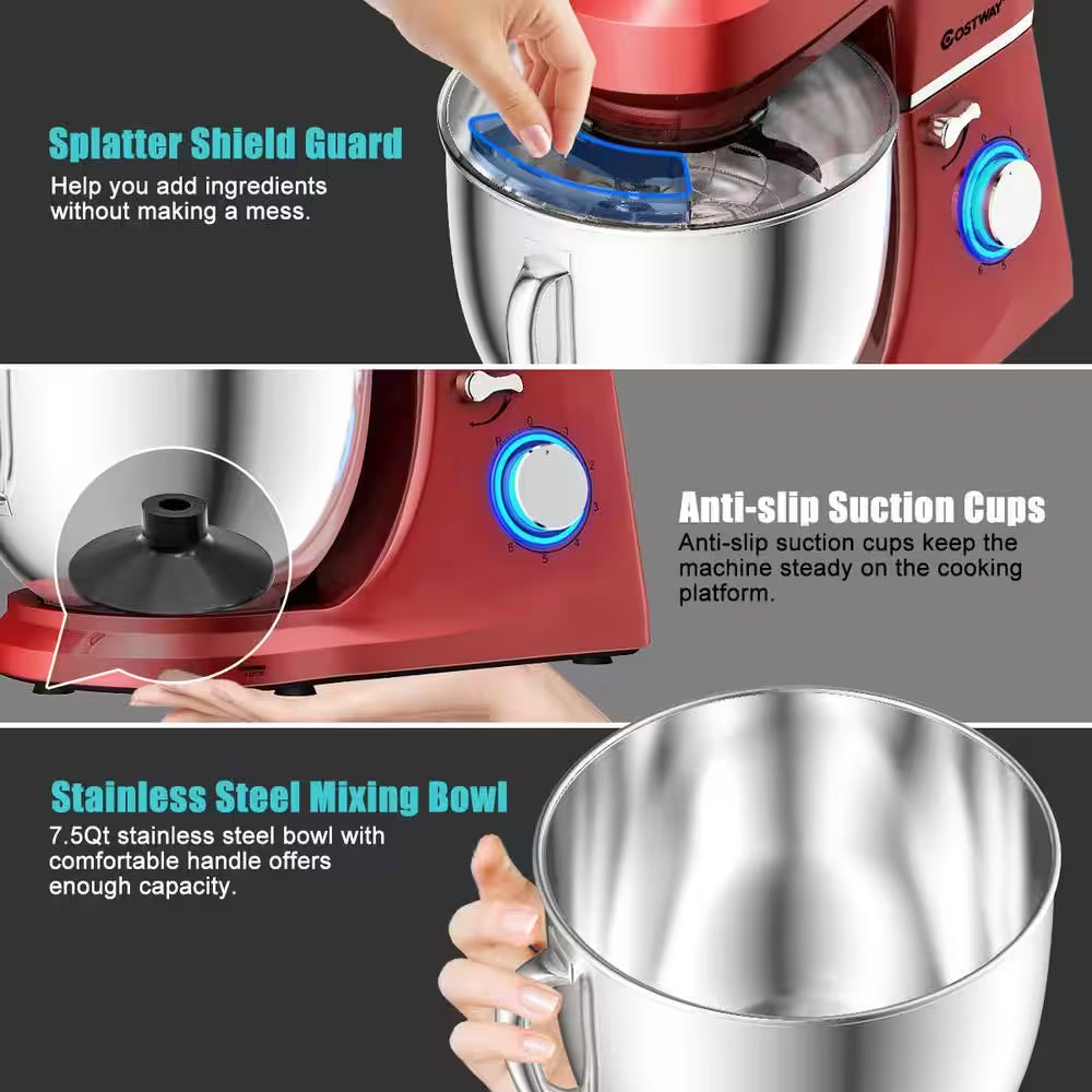 Costway 660W 7.5 qt. . 6-Speed Red Stainless Steel Stand Mixer with Dough Hook Beater