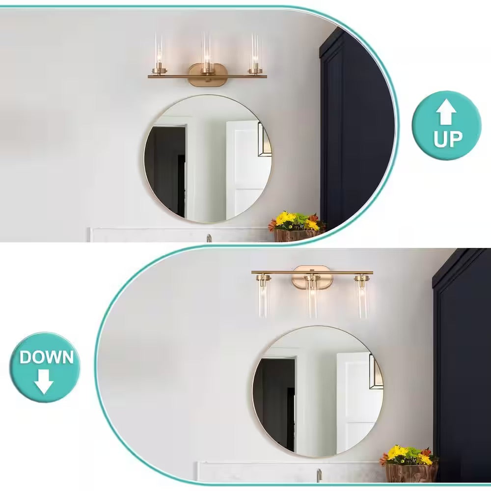 LNC Antique Gold Modern 3-Light Bathroom Vanity Light 21.5 in. Powder Room Wall Light with Cylinder Clear Glass Shades