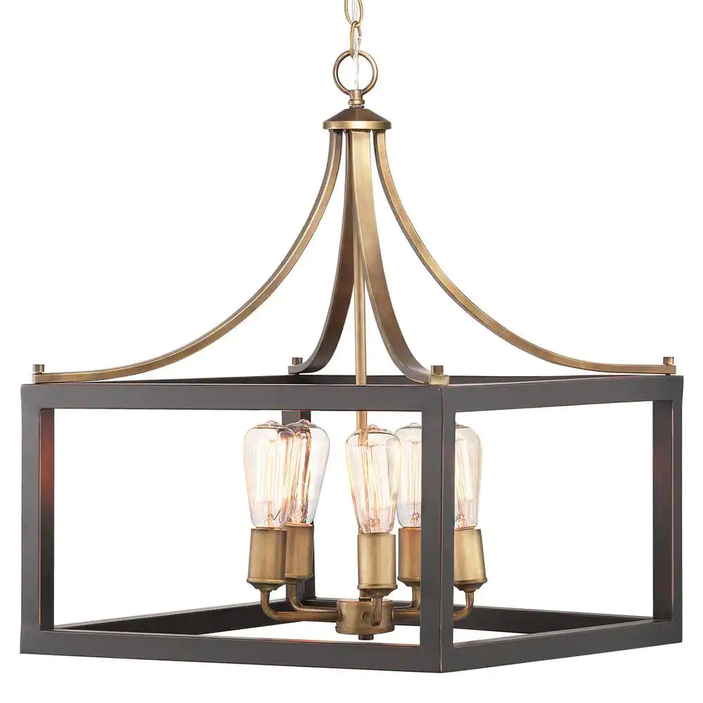Hampton Bay Boswell Quarter 20 in. 5-Light Vintage Brass Farmhouse Square Chandelier with Painted Black Distressed Wood Accents