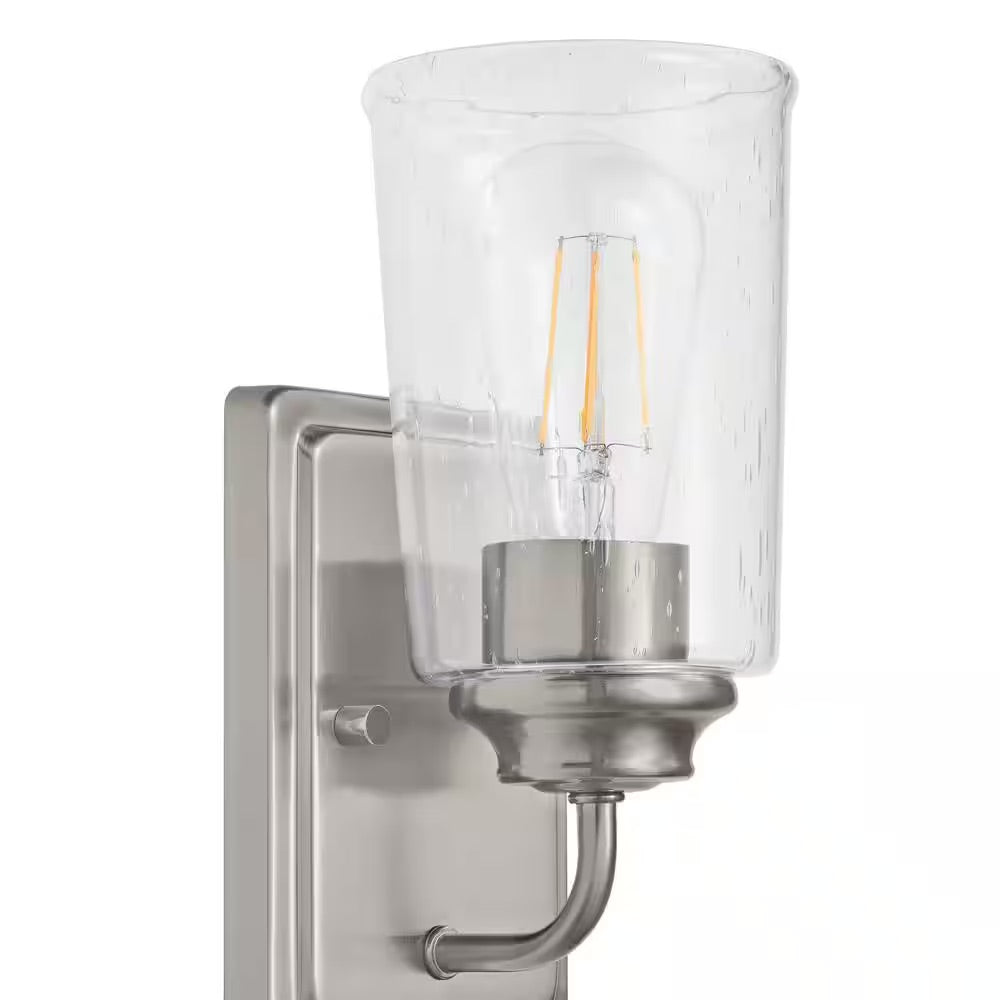 Hampton Bay Evangeline 4.5 in. 1-Light Brushed Nickel Indoor Wall Farmhouse Sconce with Clear Seeded Glass Shade