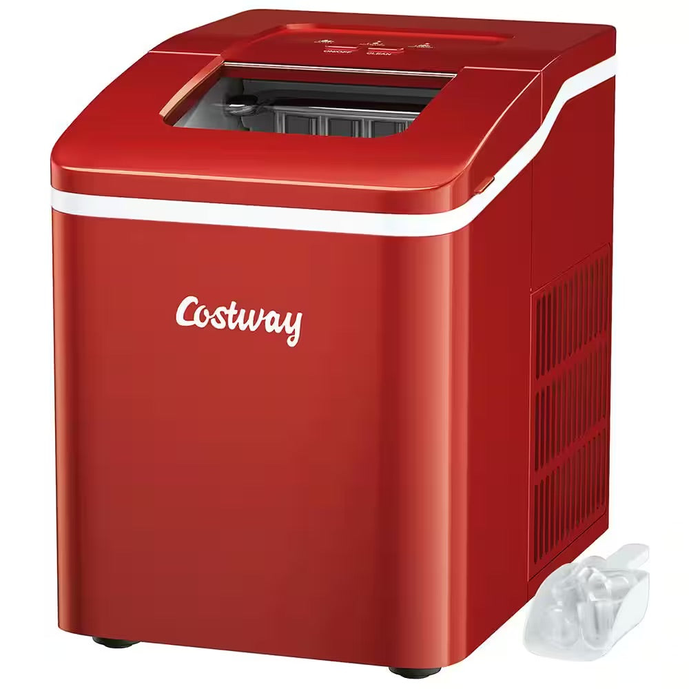 Costway 9 in. W 26 lbs./24-Hour Countertop Portable Ice Maker Self-cleaning wit-Hour Scoop in Red