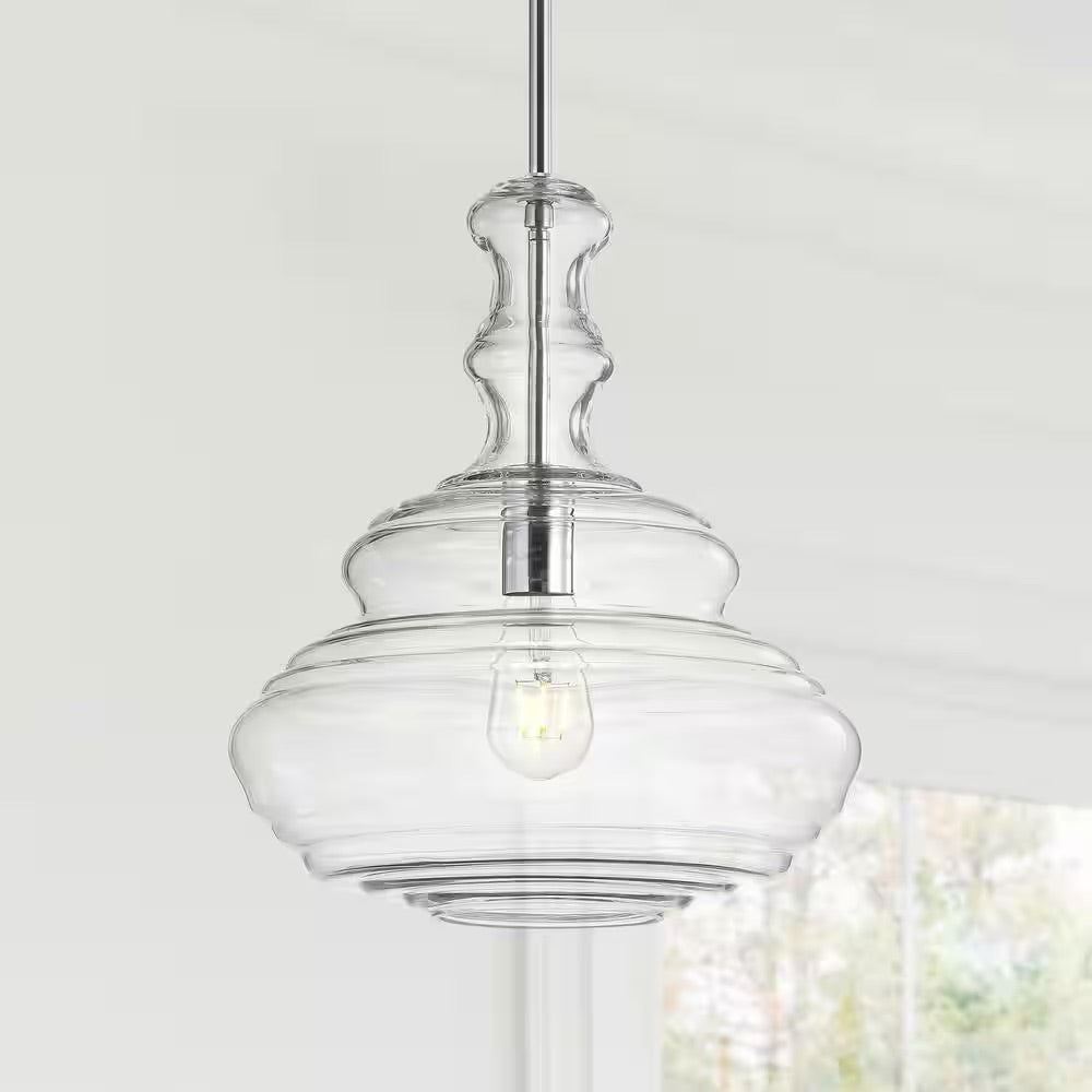 JONATHAN Y Bettina 13.37 in. 1-Light Chrome/Clear Glass/Metal LED Pendant