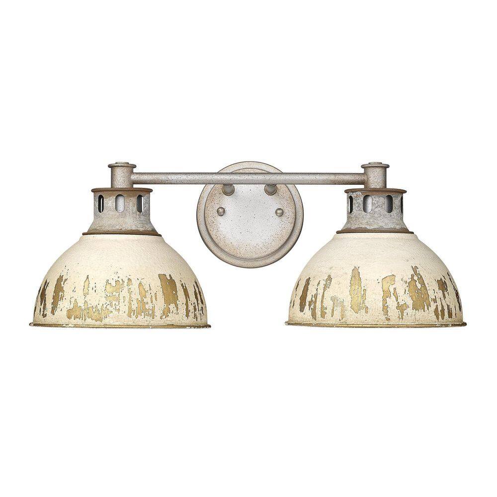 Golden Lighting Kinsley 19.25 in. 2-Light Aged Galvanized Steel Vanity Light with Antique Ivory Shades
