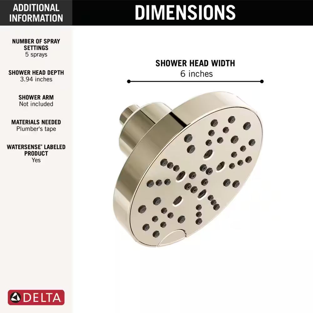 Delta Pivotal 5-Spray Patterns 1.75 GPM 6 in. Wall Mount Fixed Shower Head with H2Okinetic in Lumicoat Polished Nickel