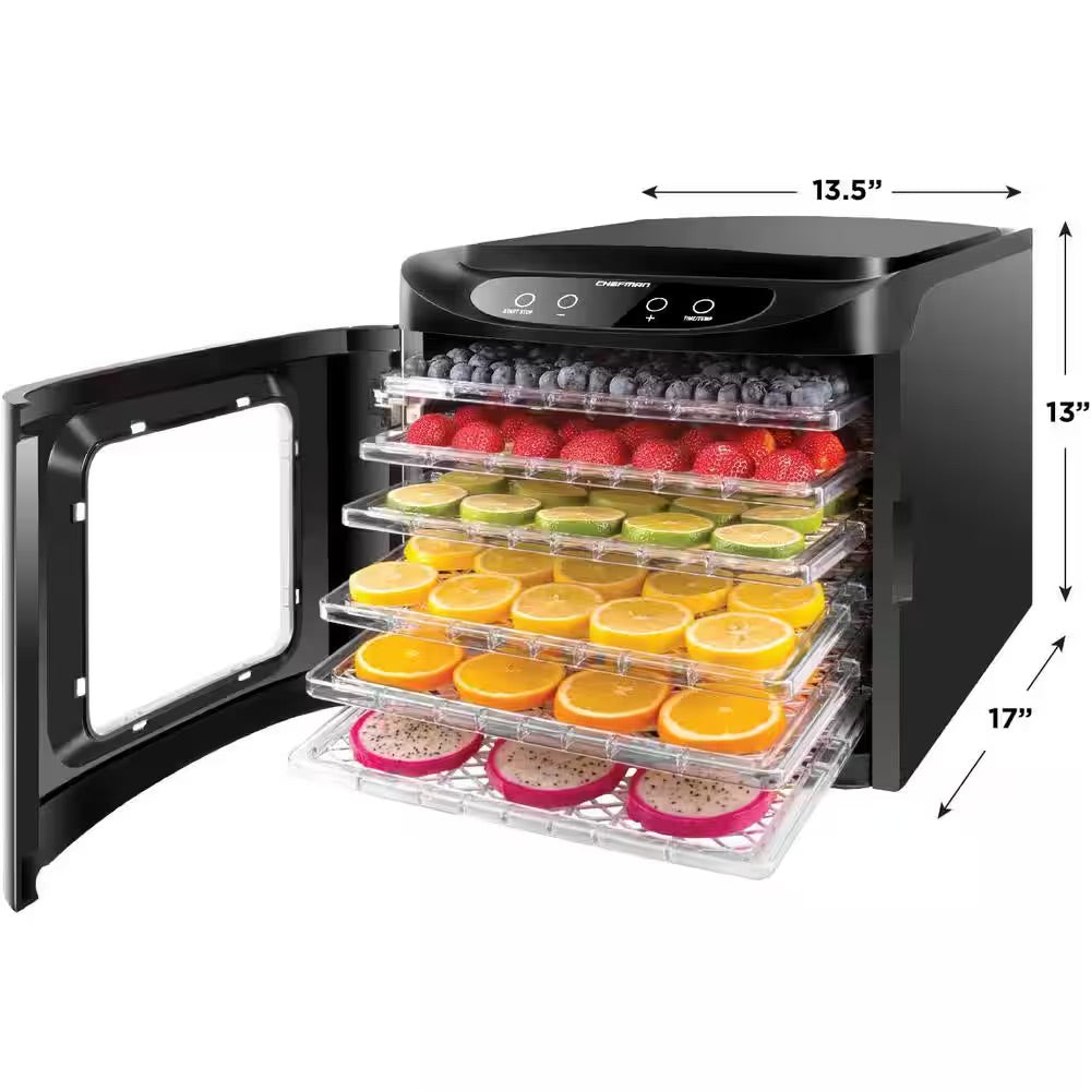Chefman Black Food Dehydrator Machine, Touch Screen Electric Multi-Tier Preserver Meat Beef Jerky, Fruit Vegetable Dryer 6 Trays