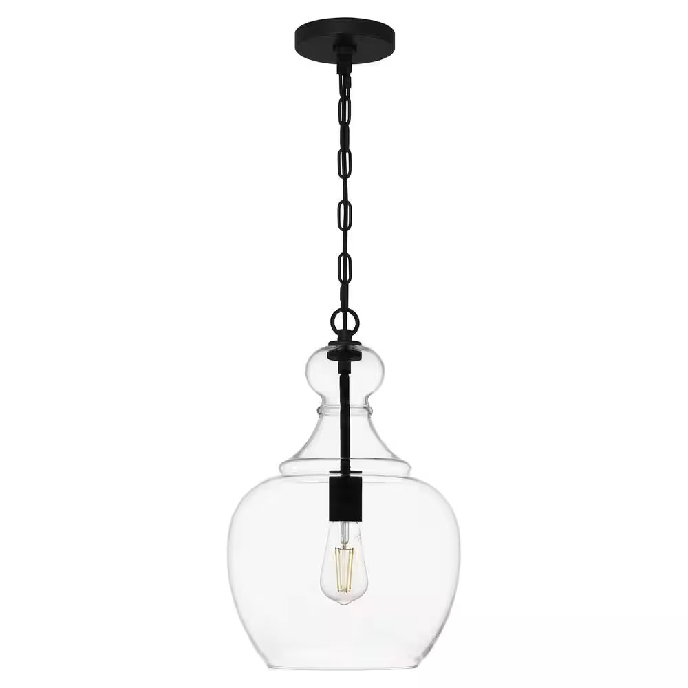 Home Decorators Collection Bakerston 1-Light Matte Black Hanging Pendant with Clear Glass Shade