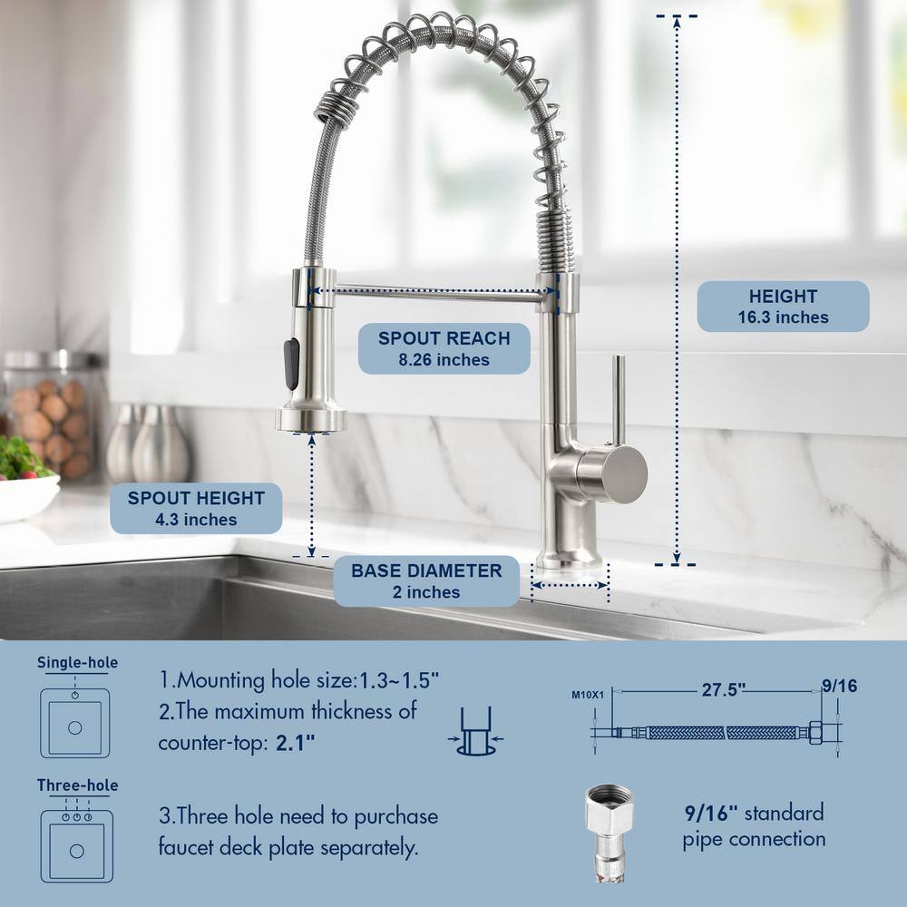 Fapully Single Handle Pull-Down Spring Neck Sprayer Kitchen Faucet in Brushed Nickel