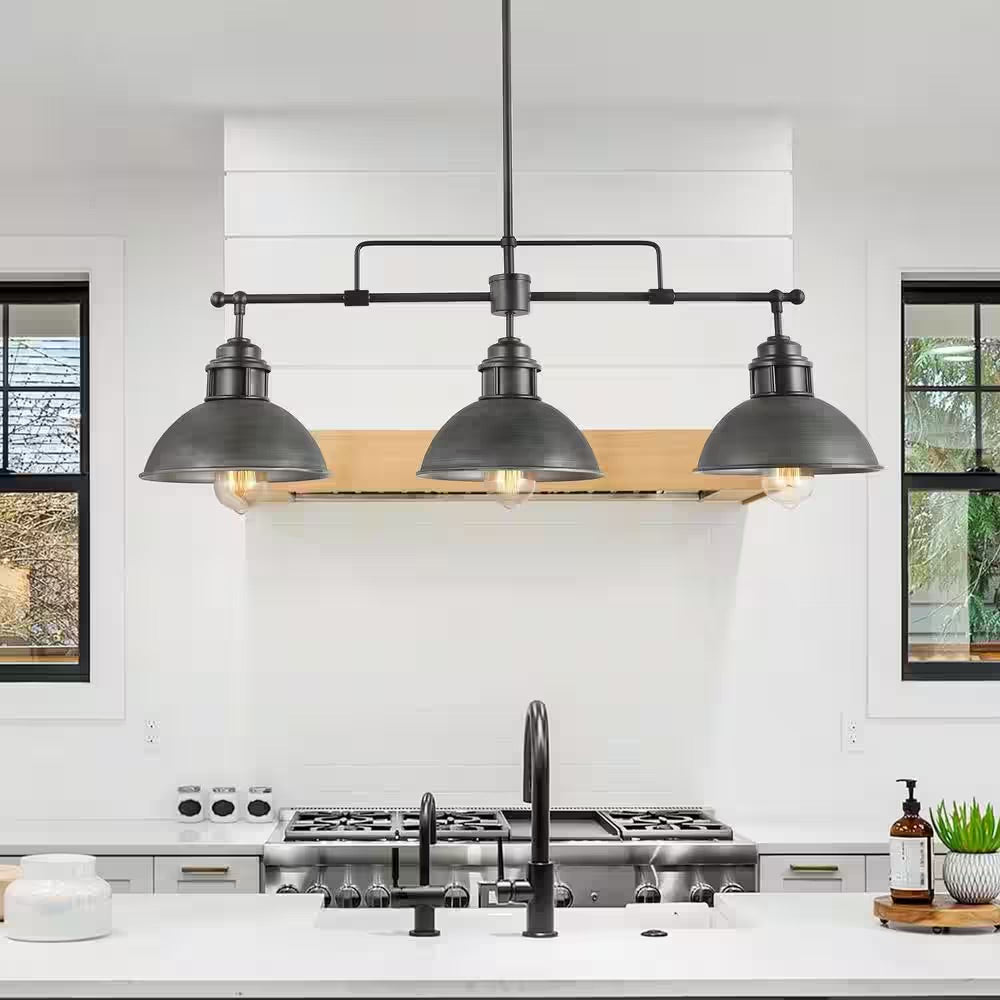 LNC 3-Light Industrial Black Dome Island Chandelier Modern Farmhouse Linear Barn Pendant with Rustic Brushed Gray Shades