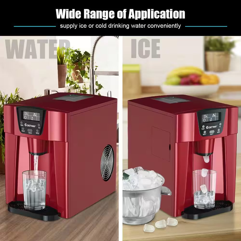 Costway 10 in. 36 lbs./24H Portable 2-In-1 Ice Maker Water Dispenser LCD Display in Red